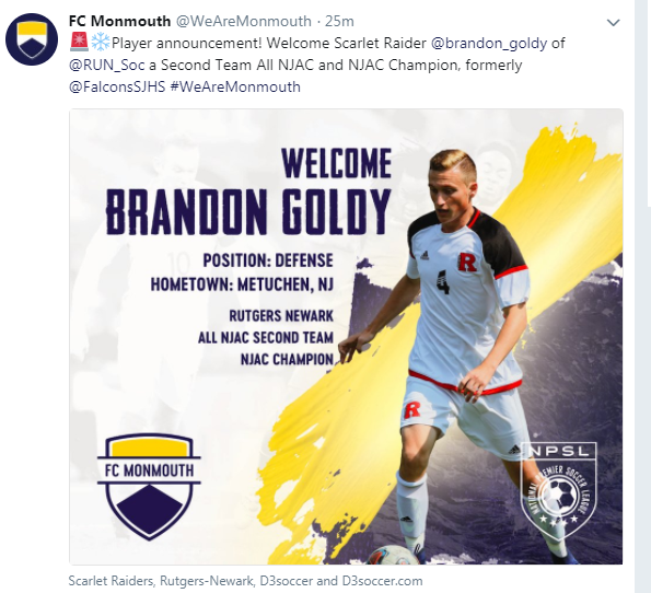 Brandon Goldy Makes FC Monmouth PDL Team!